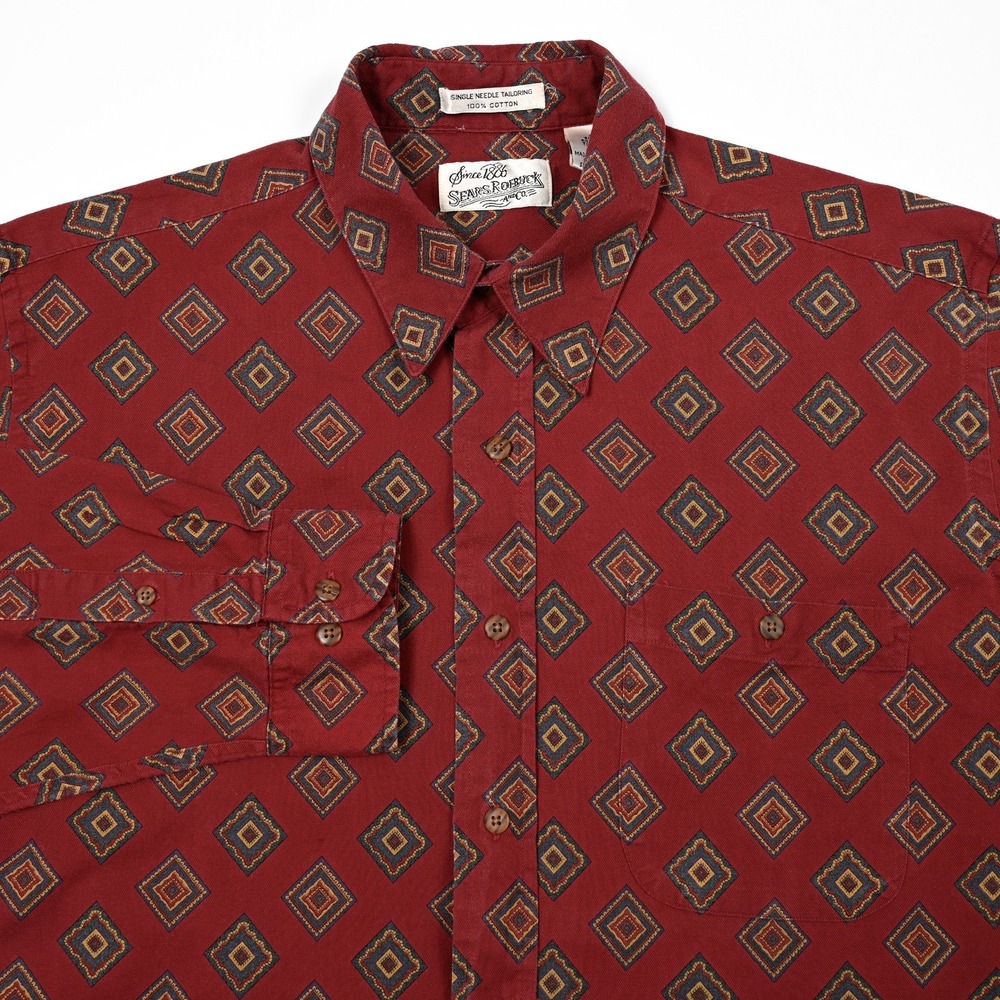 Vintage Sears Roebuck Co Single Needle‎ Cotton Geometric Western Shirt Men's L